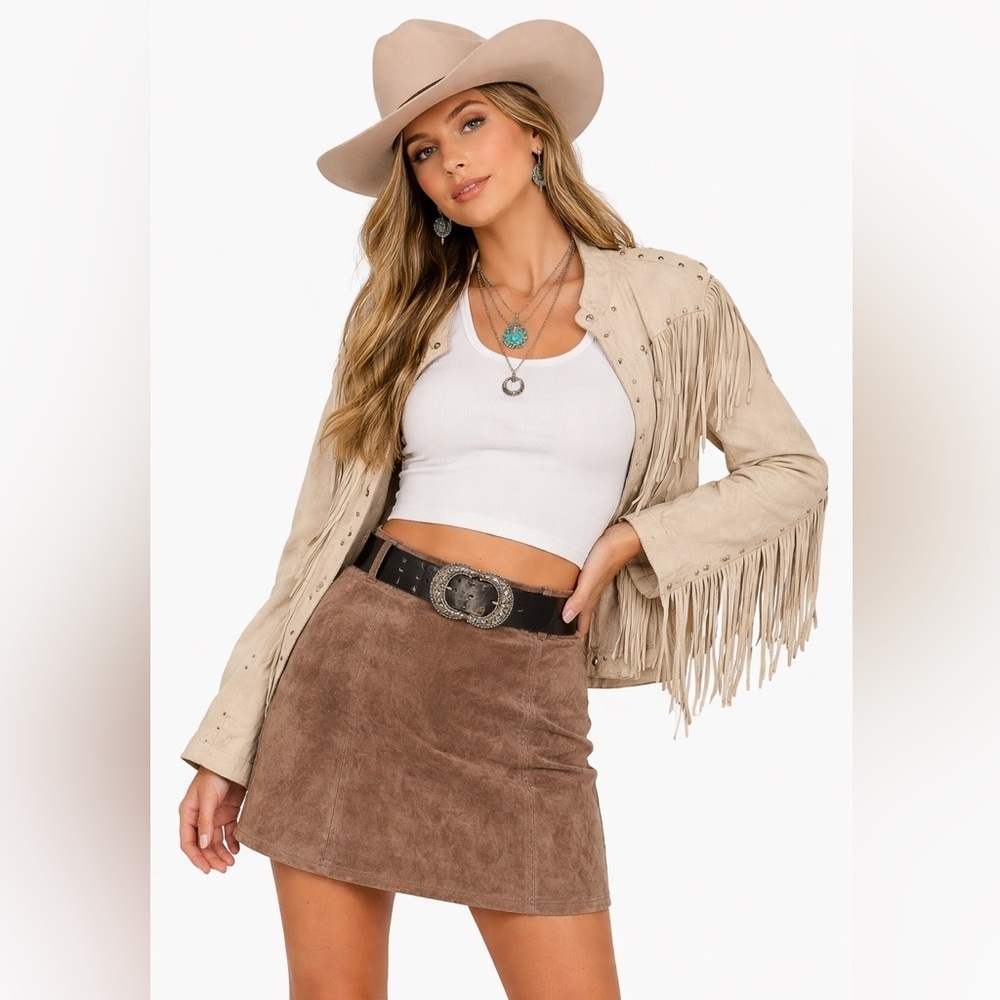 Blank NYC Suede Leather Mini Skirt Size 27 Brown Zip Front Boho Western Chic - Picture 1 of 9